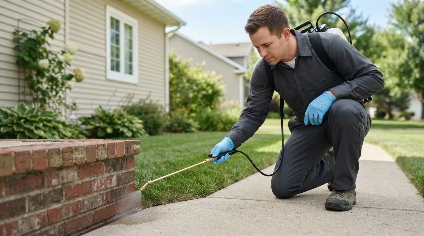 Pest control technician treating a home near Chaska, MN